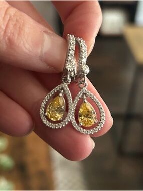 Judith Ripka Canary Yellow and Silver Teardrop CZ Drop Earrings